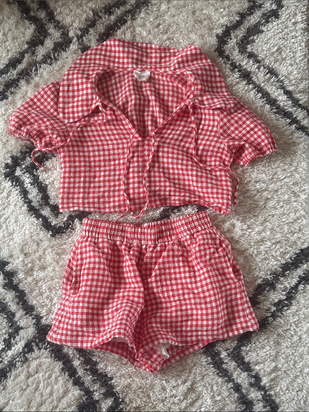Lena Red Gingham Crop Button Pajama Top & Elastic Shorts Set